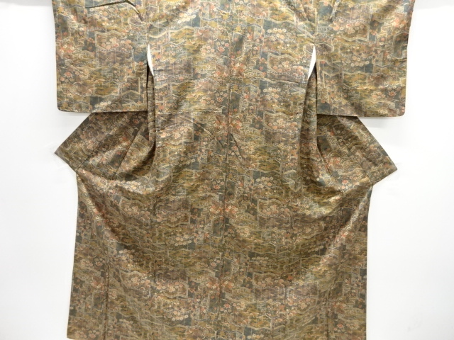 屏風に花鳥模様手織り紬着物